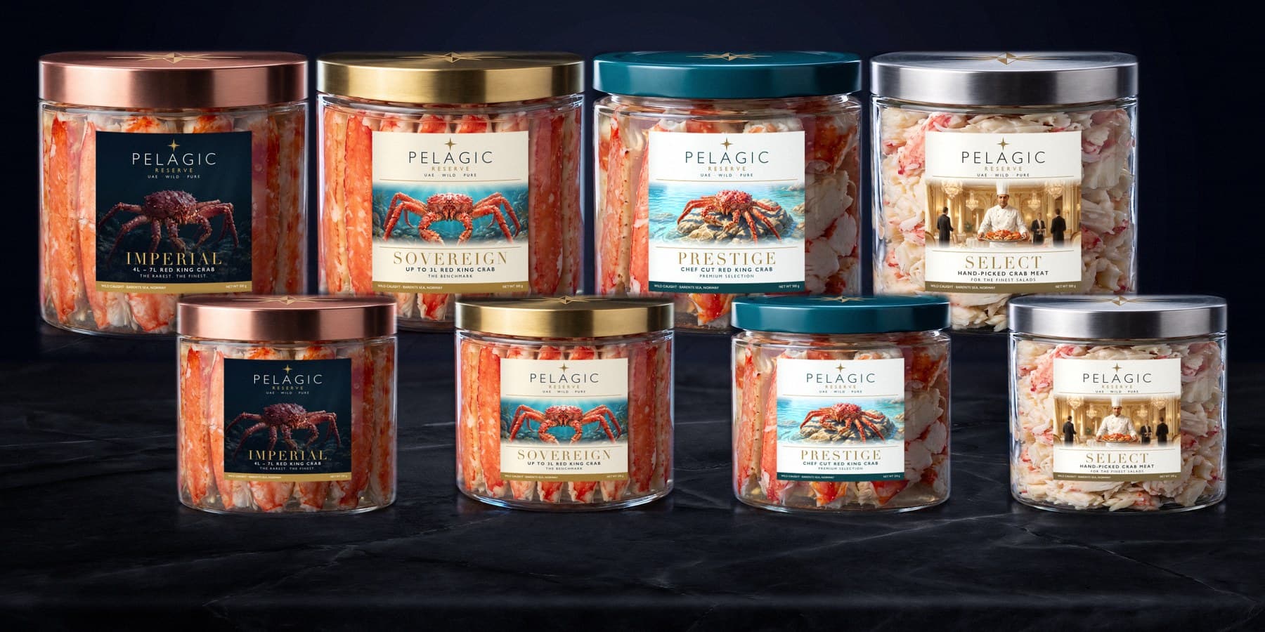مجموعة PELAGIC RESERVE — Imperial وSovereign وPrestige وSelect، في مرطبانات زجاجية مستقيمة الجوانب بحجمي ⁦500 g⁩ و250 g (صورة توضيحية)