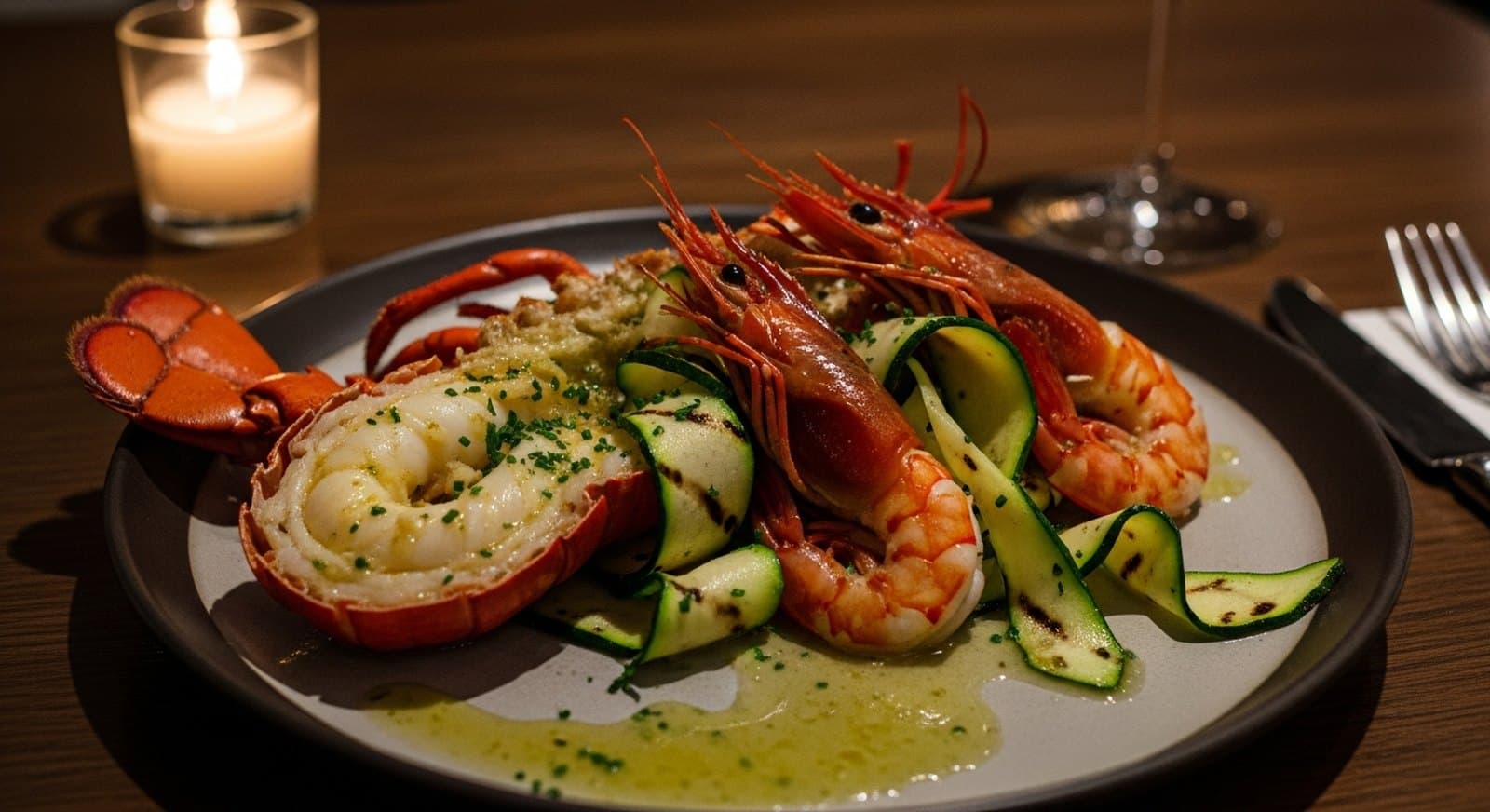 Canadian lobster & carabinero prawns, garlic-herb butter
