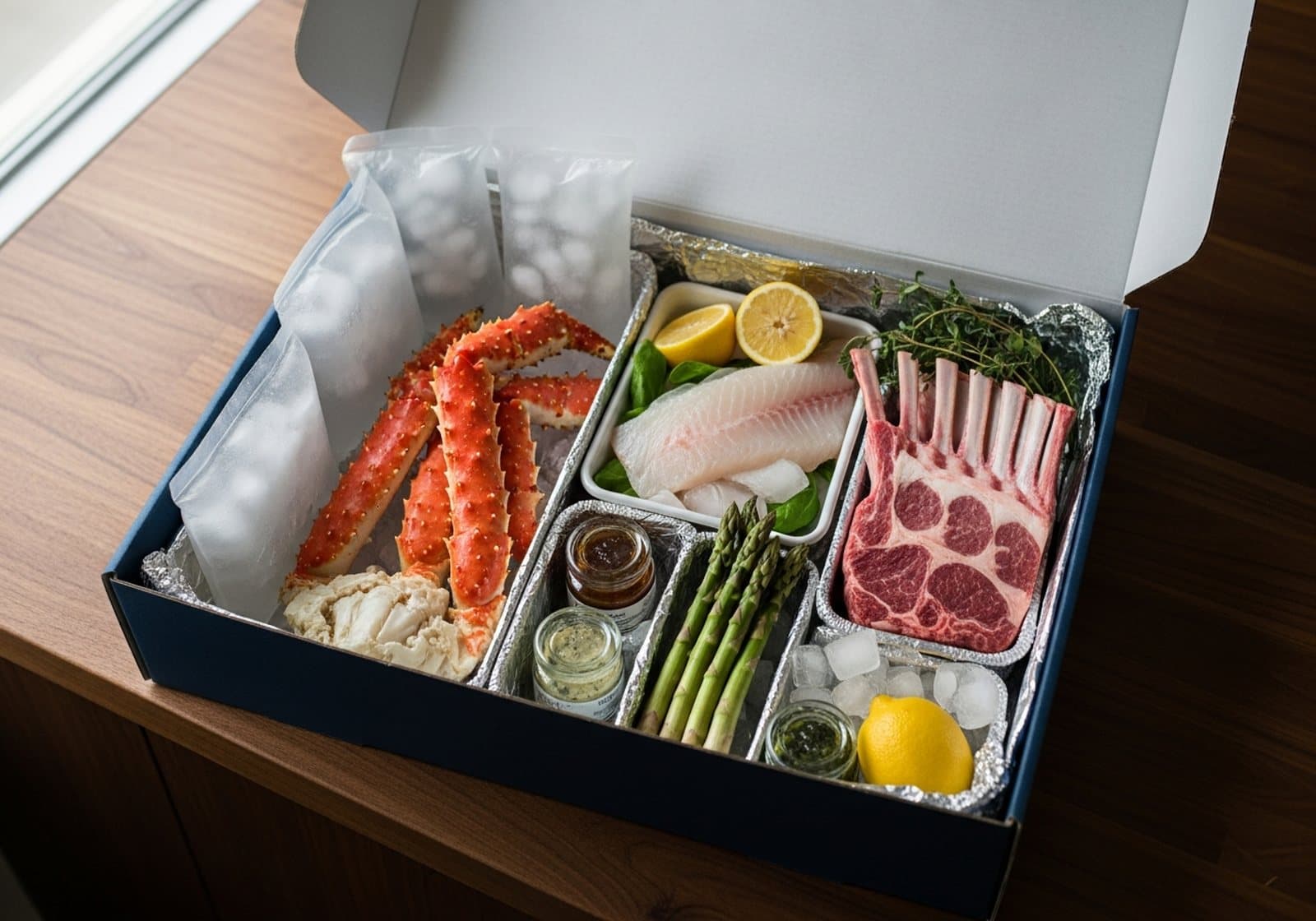 An opened Pearl Sovereign box on a kitchen counter: raw king crab legs, a white fish fillet, a rack of lamb, asparagus, lemons and sauce jars packed in a foil-lined tray with crushed ice and gel packs.