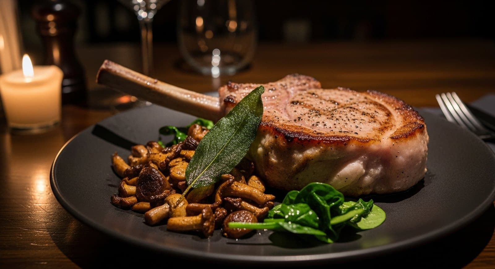 Milk-fed veal rack, wild mushroom, sage brown-butter, spinach