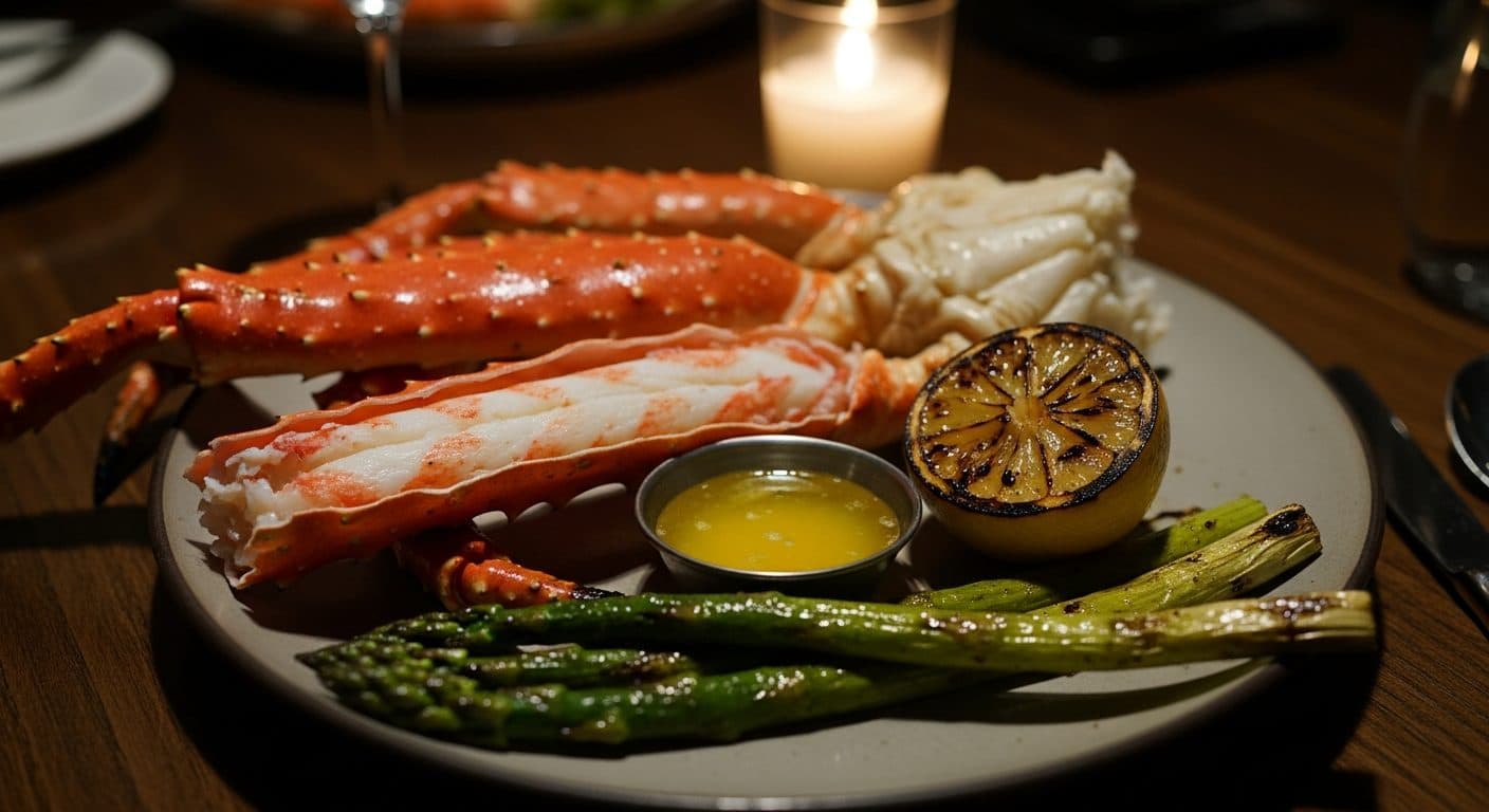 Whole king crab legs, drawn butter, charred lemon & grilled asparagus