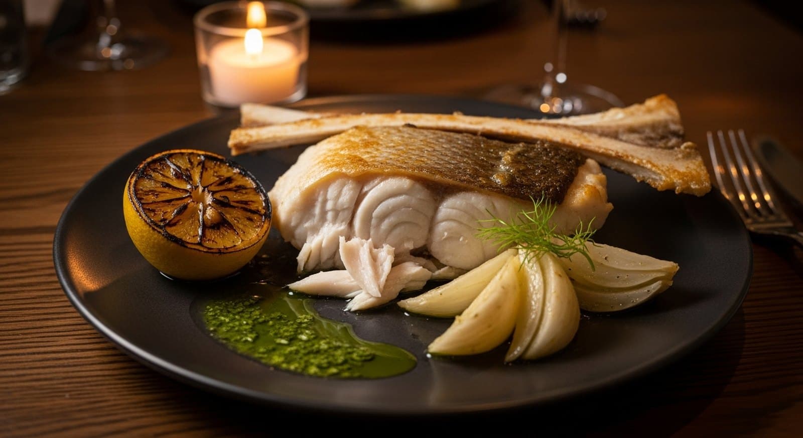 Roasted turbot on the bone, braised fennel & herb oil