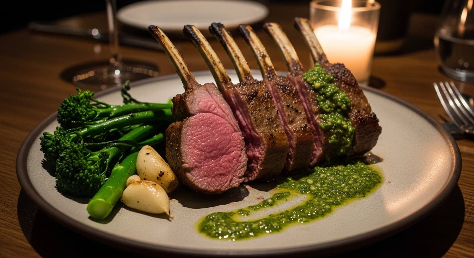 Frenched lamb rack, chimichurri, tenderstem & confit garlic