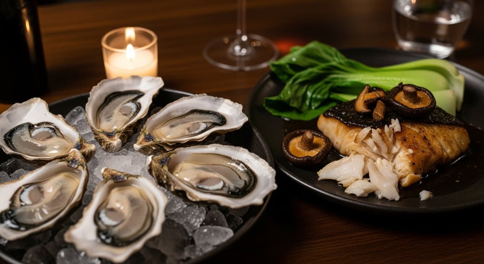 Fine de Claire oysters · miso black cod, pak choi & shiitake