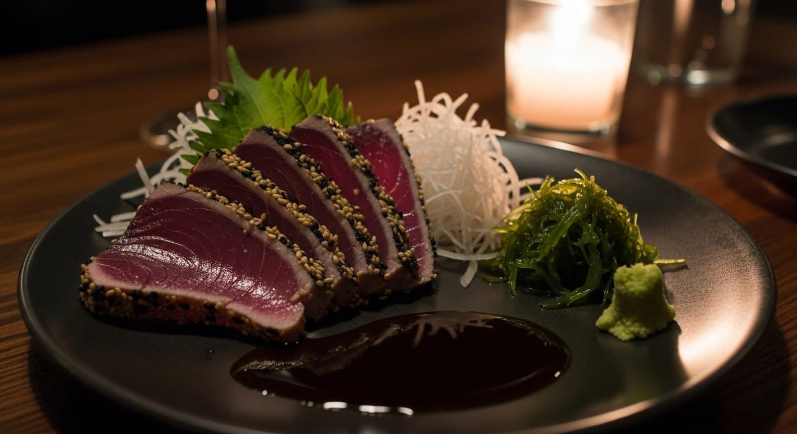 Bluefin tuna tataki, ponzu-sesame, daikon, wakame & shiso