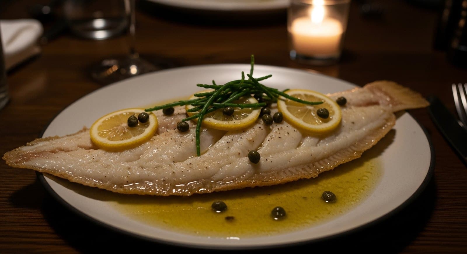 Dover sole meunière, capers, lemon & samphire in browned butter