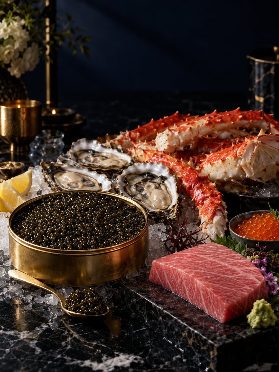A raw bar of caviar, oysters, king crab and bluefin tuna on black marble (illustrative image)